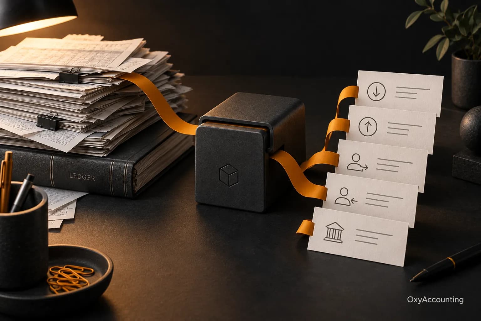 A stack of dense accounting records passes through a charcoal device and emerges as five simple cards, joined by an amber ribbon.