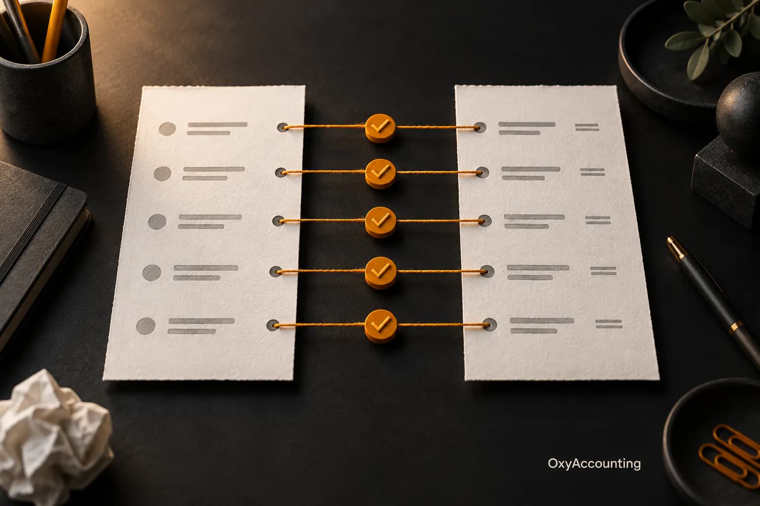 Two paper transaction records connected line by line with amber checks, representing a completed bank reconciliation.
