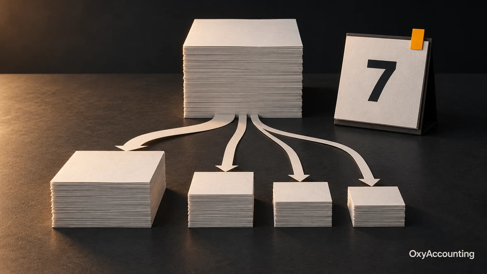 A monthly payroll paper stack divides into employee pay and three smaller tax stacks beside a calendar marked 7.