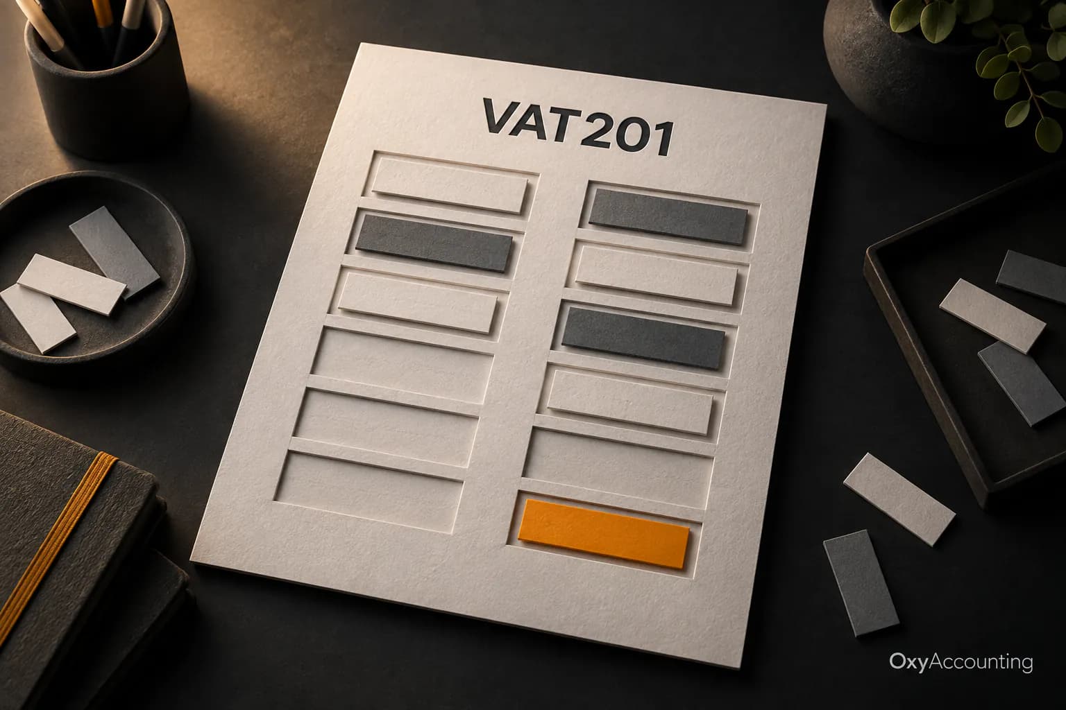 A tactile VAT201 worksheet with transaction pieces classified into two columns and an amber final field.
