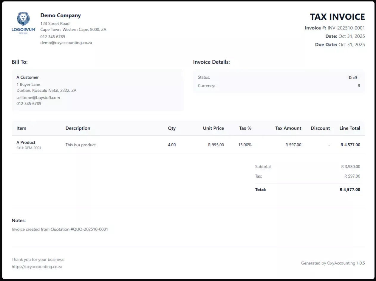 screenshot of an invoice print preview on OxyAccounting