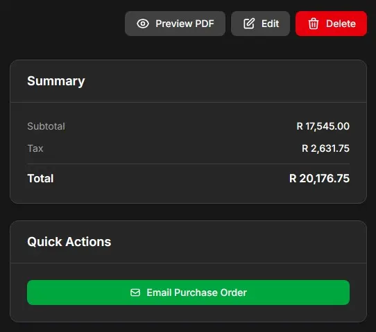 Screenshot of the OxyAccounting purchase order summary